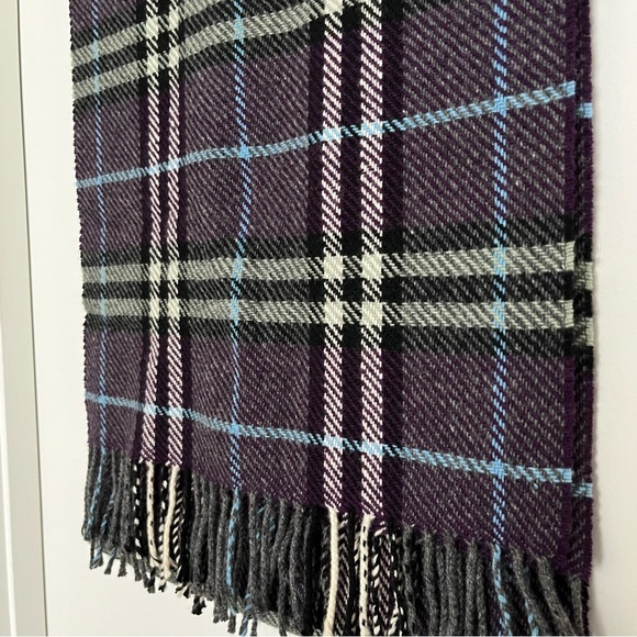 Burberry Cashmere Wool Classic Plaid Fringe Scarf, Purple/Black/Blue, 72" x 15" - Picture 3 of 6